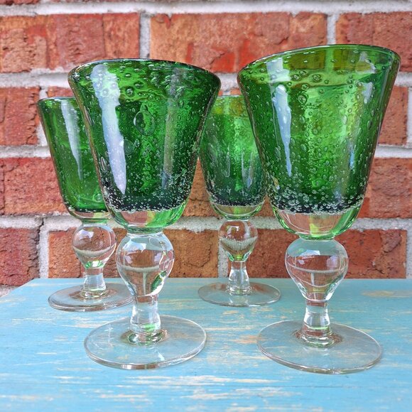 4 Wine Glasses Stemware Set Hand Blown Bubble Glass Murano Vintage Christmas - Picture 1 of 16